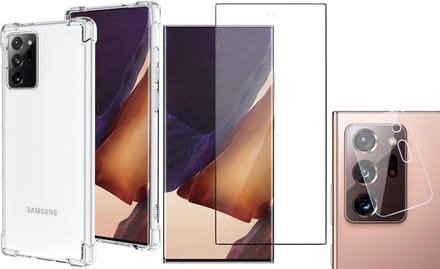 Hoesje geschikt voor Samsung Galaxy Note 20 Ultra - Screenprotector GlassGuard & Camera Lens Screen Protector - Back Cover Case ShockGuard Transparant
