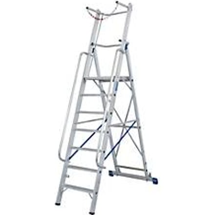 Aluminium trapladder, met groot platform, met veiligheidsbeugel en ketting, 7 treden
