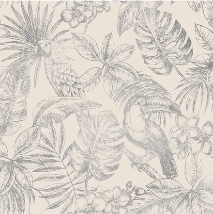 DUTCH WALLCOVERINGS Behang bladeren en vogels wit en zilverkleurig