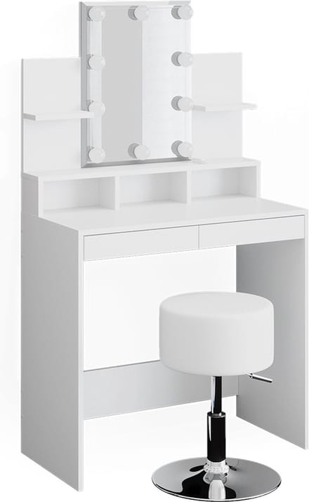 Vicco Kaptafel set met kruk Ania, Wit, 80 cm met spiegel, LED-lichtslinger en kruk