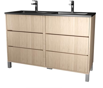 Meuble de salle de bains 120 cm 6 Tiroirs Chêne Clair + Vasque Double Céramique Noire - XENOS