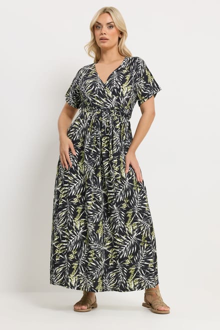 Yours Zwarte Wikkeljurk Met Bladmotief Size 54-56