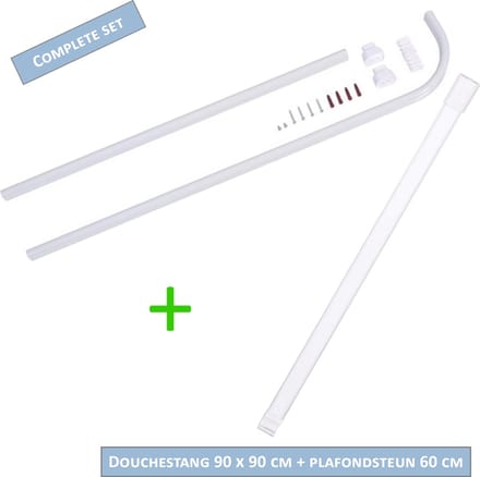 AquaVive Douchestang Hoekmodel 90x90 cm Ovaal Wit – Inclusief Plafondsteun 60 cm – Complete Set – Aluminium