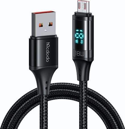 USB-A - microUSB McDodo CA-1070 Display Data- en Oplaadkabel, 18W, 1.2m, Zwart