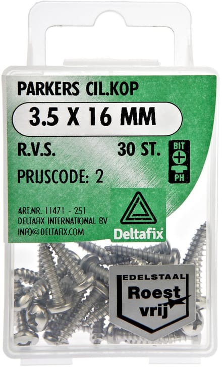 Deltafix. PARKERS CIL.KOP 3.5  x 16 MM  R.V.S. 30 Stuks metaal schroeven. Kruis kop.