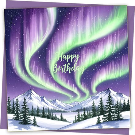 Gothic verjaardagskaart met paarse envelop - Aurora Borealis