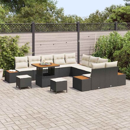 vidaXL - Tuinbank - Set - 13 - st - 12-zits - Zwart - Poly - rattan