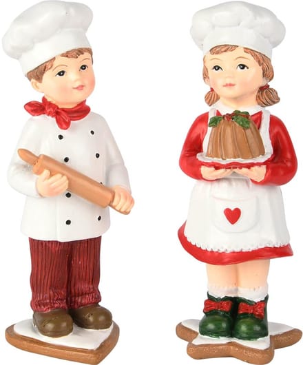 Dekoratief | Bakkerskindje m/deegrol/taart, rood/wit, resina, 6x6x15cm, set van 2 stuks | A255824
