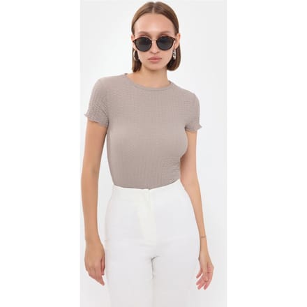 Geverfde Gewoven Korte Mouw Ronde Hals Top