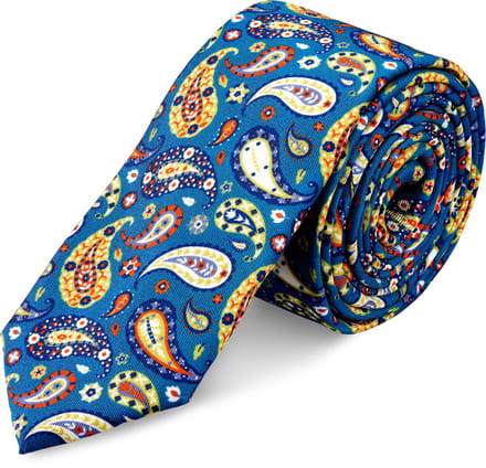 Virtuo | 6 cm Blauwe en gele zijden stropdas met paisleymotief