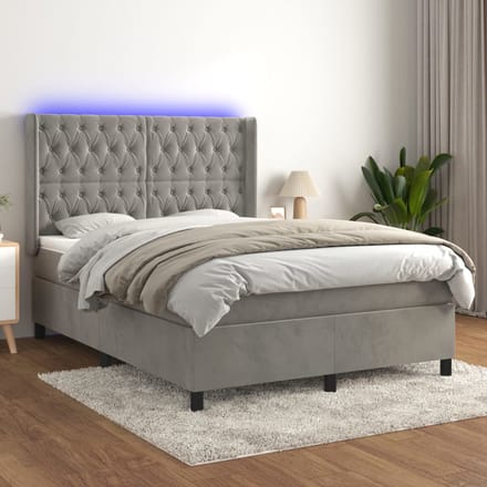 vidaXL - Boxspring - met - matras - en - LED - fluweel - lichtgrijs - 140x190 - cm