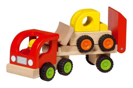 Houten voertuig: OPLEGGER met BULLDOZER 34x8,5x12,5cm, met rubberen banden, 2+