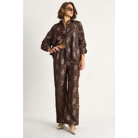 Geborduurd Oversized Shirt en Wijde Pantalon Co-Ord Set