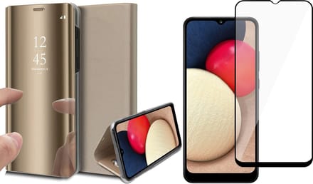 Hoesje geschikt voor Samsung Galaxy A02s - Screen Protector FullGuard - Book Case Spiegel Goud & Screenprotector