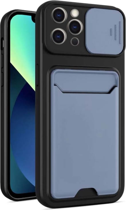 Smartphonica iPhone 11 Pro Max TPU Cover Case Hoesje met Camera Slide en Pashouder - Grijs geschikt voor iPhone 11 Pro Max