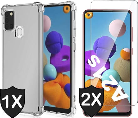 Hoesje geschikt voor Samsung Galaxy A21s - Transparant Shock Proof Case + 2x Screen Protector Glas