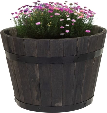 Mega Collections Plantenbak/bloempot Barrel - acacia hout - antraciet - D53 x H32 cm