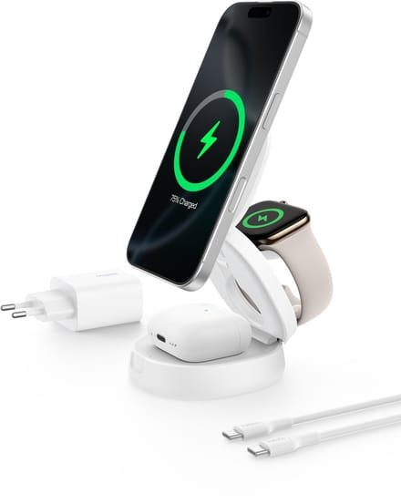 Belkin BoostCharge Pro 3-in-1 Verstelbare Magnetische Laadstandaard QI2 15W – Wit - Magsafe compatibel