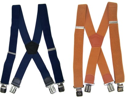 Donkerblauw en Camel 4 clip Bretels met stevige sterke brede stalen clips Duo Pack
