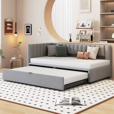 REDOM Slaapbank 90x200 cm – L-vormig fluweel grijs – Uitschuifbaar naar 180x200 cm