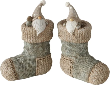 Kerst - kabouter - Decoratie - 2 set - Sok - Aardewerk - 15x11x5cm - Taupe