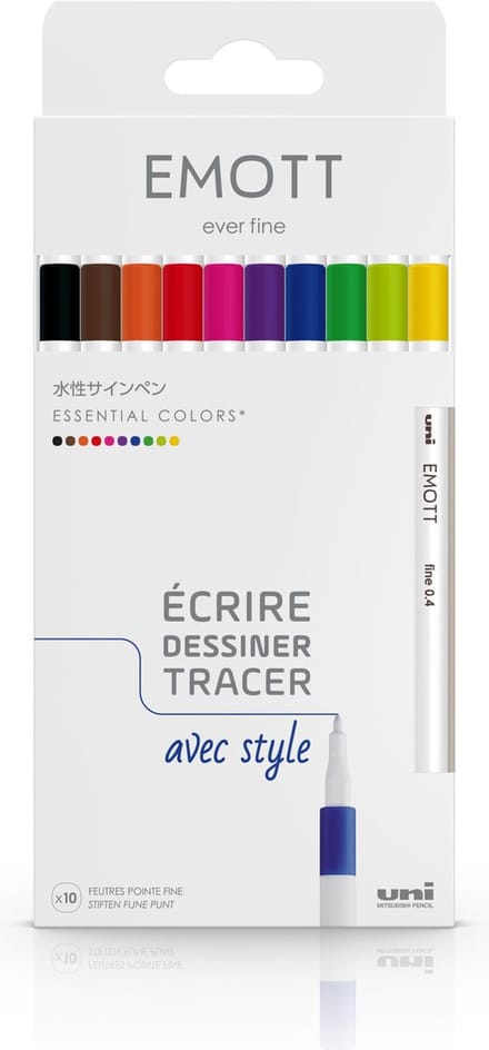 Uni Emott - Fineliner stiften - Essentiële kleuren - set van 10 kleuren