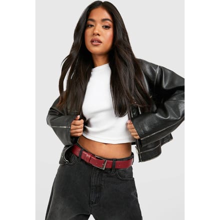 boohoo Dames Cherry Red Chunky Buckle Boyfriend Riem | Bordeaux Rood | Maat: Small/Medium