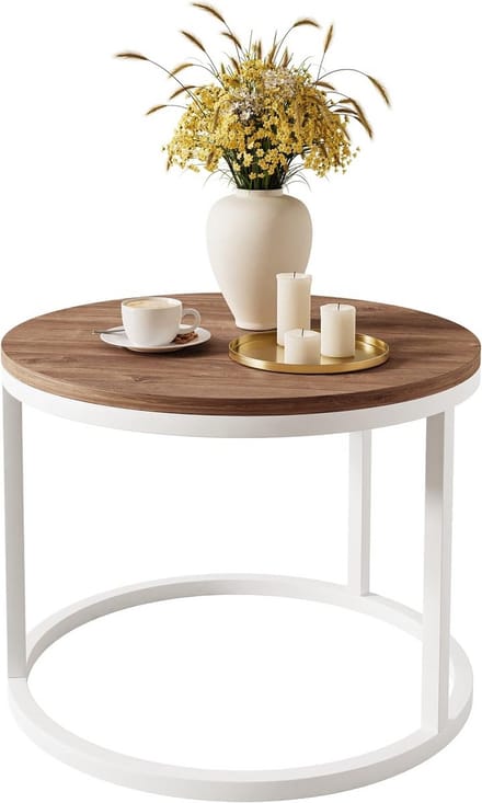 Ronde Salontafel Wit met Eikenblad 60x60x42cm - Modern Design