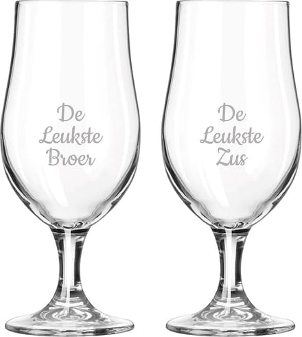 Gegraveerde bierglas op voet 49cl De Leukste Broer-De Leukste Zus