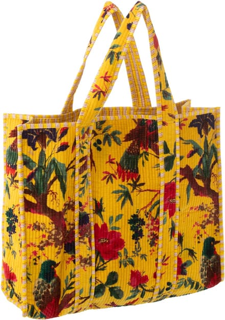 J-Line tas Vogels/Bloemen - katoen/fluweel - geel