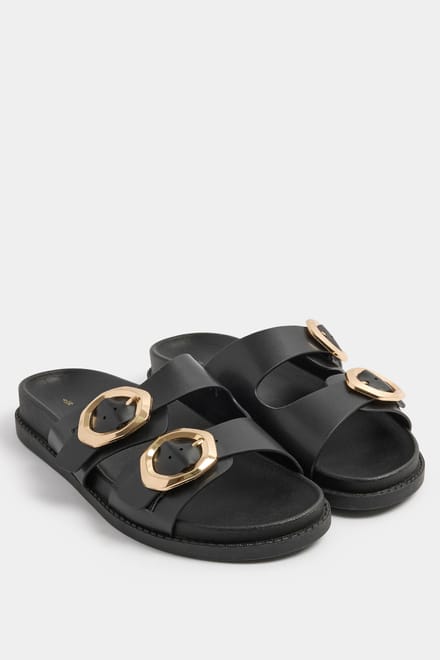 Yours Zwarte Geborstelde Mules Met Gesp In Extra Brede Eeepasvormsize 39EEE