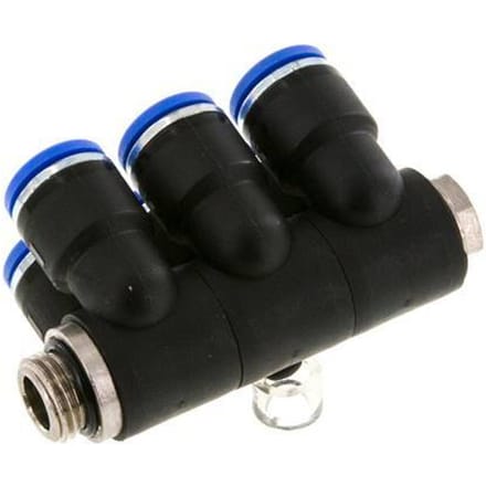 10mm x G1/4'' 6-way Manifold Messing/PA 66 Insteekfitting Buitendraad Draaibaar NBR