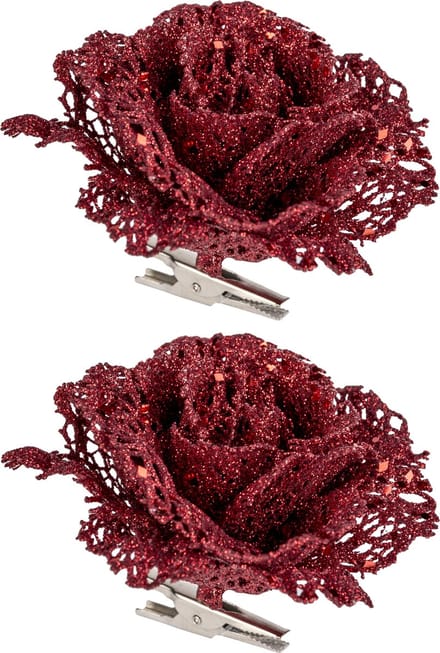 Kerstboomversiering Bloemen - 2x - 10 cm - rood glitter - op clip - ornament