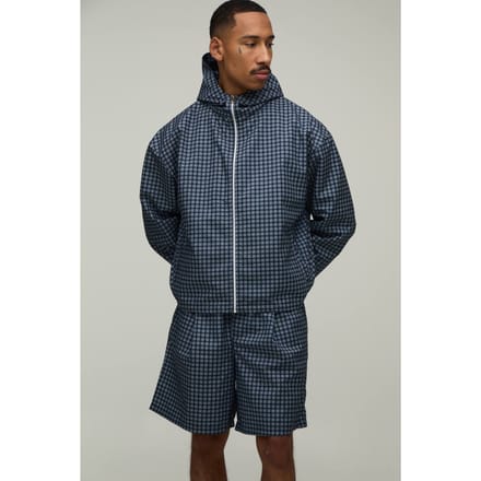 Geruit Windbreaker Set Met Col En Wijde Korte Broek | Navy | Size Medium