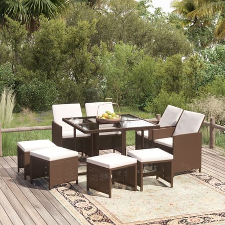 vidaXL - 9-delige - Tuinset - met - kussens - poly - rattan - bruin