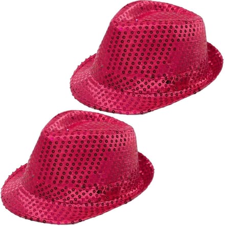 Partychimp Trilby hoeden met pailletten - 2x Stuks - roze - glitter