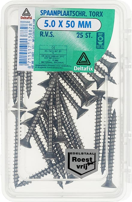 Deltafix spaanplaatschroef platkop / torx r.v.s. a2 5.0 x 50 mm 25 st.