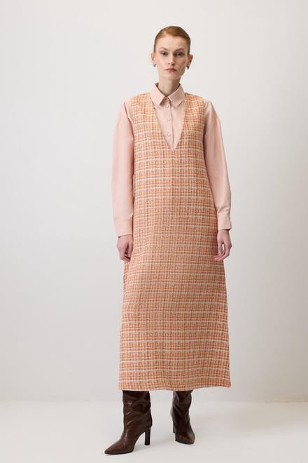 Touché Privé - Geruite tweed overgooi-jurk met V-hals - Oranje - Dames