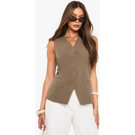 boohoo Dames Linnen Longline V-Hals Getailleerde Weste | Kaki | Maat: 34