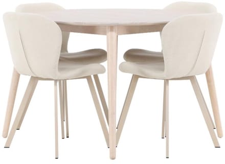 Flora eethoek tafel Ø120cm en 4 stoelen whitewash, beige.
