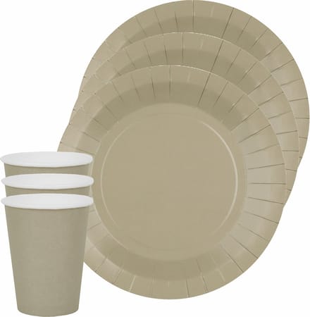 Santex feest/verjaardag servies set - 20x bordjes en bekertjes - taupe - karton