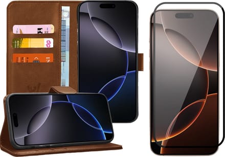 Hoesje geschikt voor iPhone 16 Pro Max - Screenprotector Volledig Dekkend Glas - Portemonnee Book Case Bruin