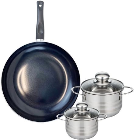 Set van 1 Koekenpan 28 cm en 2 kookpotten 12 en 14 cm Elo Prima Glanzend