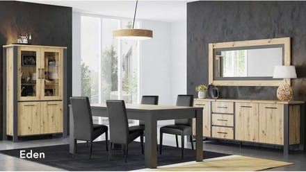 eetkamer set trendy- eettafel- vitrine kast- dressoir- compleet set- zetelsenbedden