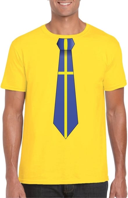 Geel t-shirt - met Zweden vlag stropdas - supporters - heren L