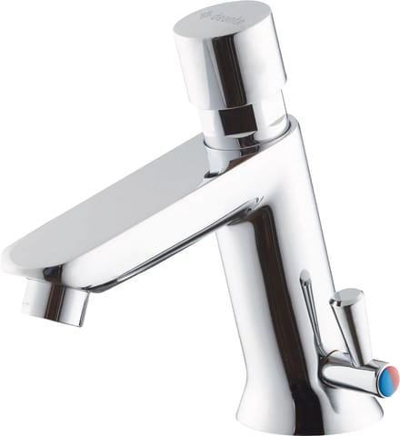 Timed washbasin mixer with temperature control - without closing the drain