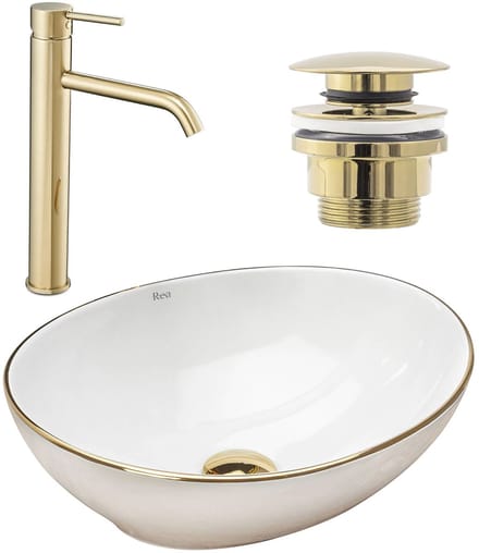 Rea Sofia Opzetwastafel White Wit + Wastafelkraan Lungo High Goud + Kurk Goud