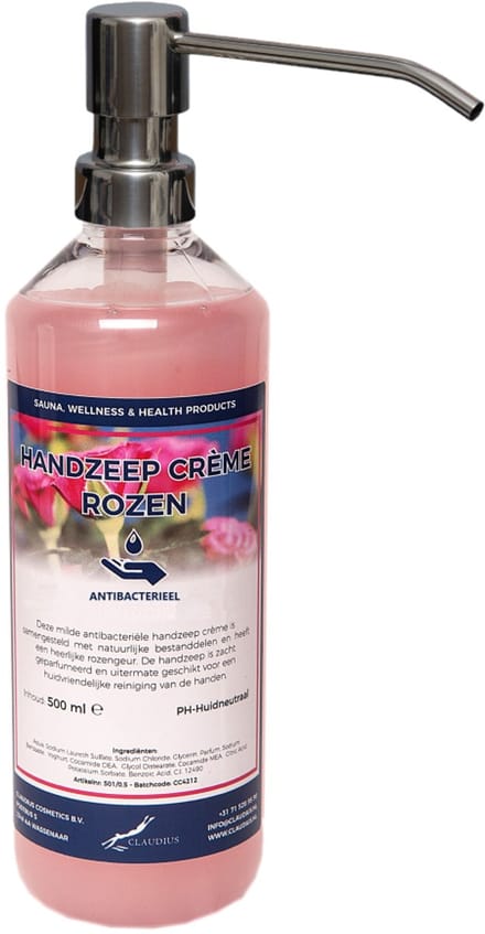 Handzeep Crème Rozen 500 ml - met gratis RVS zilverkleurige pomp