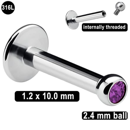 Labret Piercing - 1.2 mm x 10 mm – 316L Chirurgisch Staal - met Amethyst Kristal