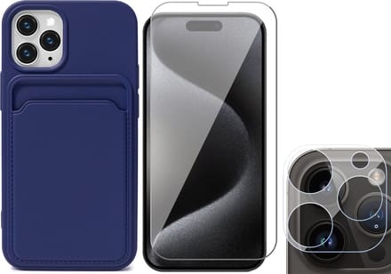 Hoesje Pasjeshouder geschikt voor iPhone 15 Pro - Screenprotector GlassGuard + Camera Lens Screen Protector - Siliconen Case Back Cover Blauw